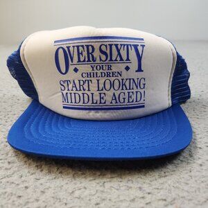 Vintage Trucker Hat Snapback Cap Over Sixty Funny Opryland USA Blue White Foam